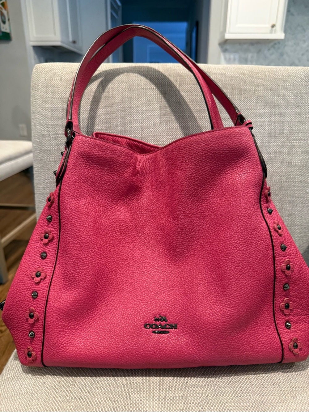 Coach Pebbled Leather Shoulder Bag in Hot Pink with Floral Studs